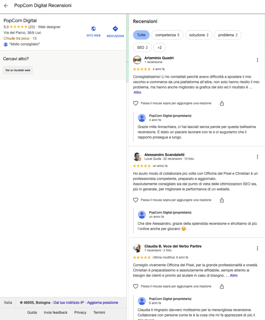 recensioni e risposte su business profile