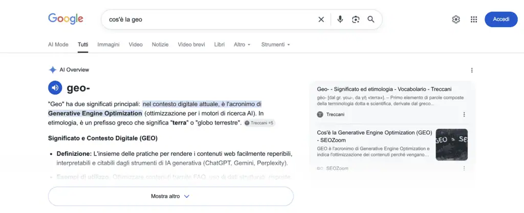 esempio geo ai overview google